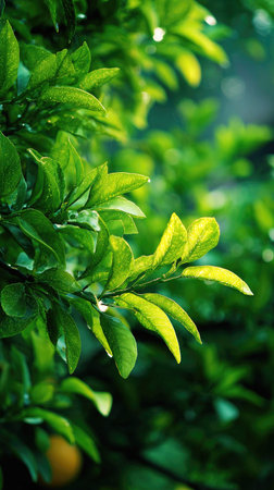 The Orange tree in spring, fresh green leaves, soft sunlight filtering, vibrant atmosphere full of...