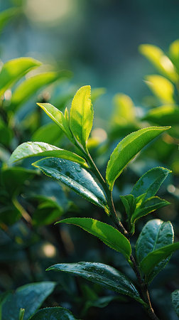 The Camellia sinensis in spring, fresh green leaves, soft sunlight filtering, vibrant atmosphere...