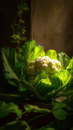 The Cauliflower in spring, fresh green leaves, soft sunlight filtering, vibrant atmosphere full of vitality, natural textures, serene mood P.の写真素材