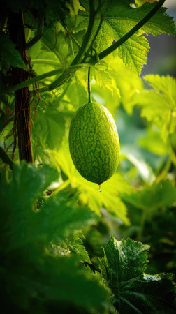 The Sponge gourd in spring, fresh green leaves, soft sunlight filtering, vibrant atmosphere full of...