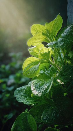 The Petunia in spring, fresh green leaves, soft sunlight filtering, vibrant atmosphere full of...