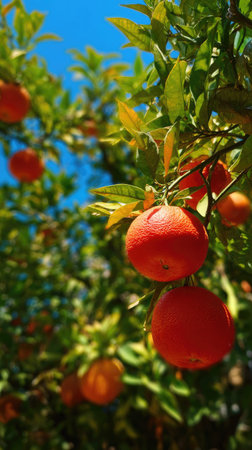 The Blood orange in summer, Bright sunlight pierces dense foliage, the air feels hot, natural.