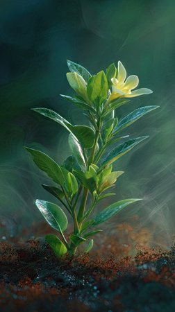 Allamanda with small fresh leaves, growing upright in fertile soil, sunlight filtering gently, realistic textures, vibrant green tones, natural photography style, wide balanced compositionの写真素材