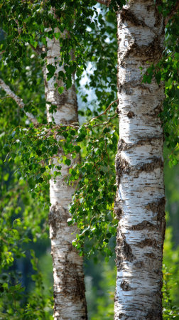 The Birch bark in summer, Bright sunlight pierces dense foliage, the air feels hot, natural.