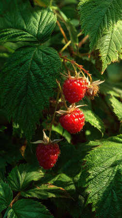 The Raspberry in summer, Bright sunlight pierces dense foliage, the air feels hot, natural.