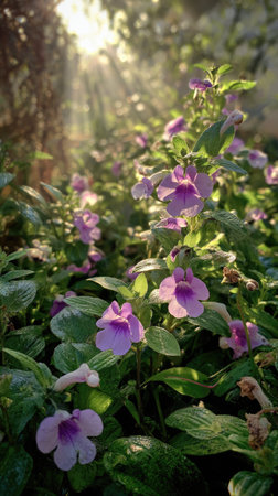 The Torenia in summer, Bright sunlight pierces dense foliage, the air feels hot, natural.の写真素材