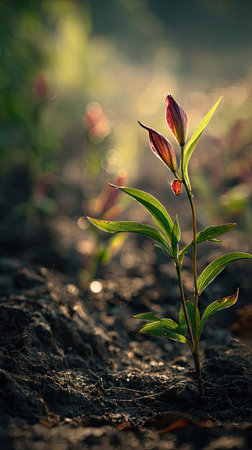 Gloriosa lily with small fresh leaves, growing upright in fertile soil, sunlight filtering gently,...