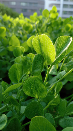The Snow pea shoots in summer, Bright sunlight pierces dense foliage, the air feels hot, natural.の写真素材