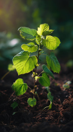Mulberry black with small fresh leaves, growing upright in fertile soil, sunlight filtering gently, realistic textures, vibrant green tones, natural photography style, wide balanced compositionの写真素材