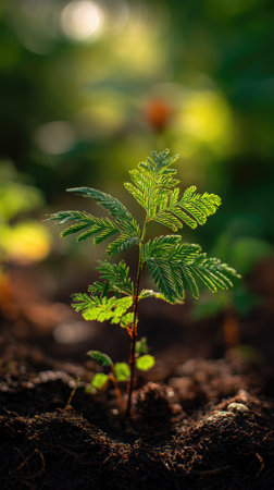 Redwood with small fresh leaves, growing upright in fertile soil, sunlight filtering gently, realistic textures, vibrant green tones, natural photography style, wide balanced compositionの写真素材