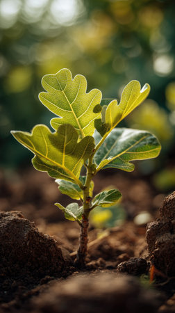 Fig with small fresh leaves, growing upright in fertile soil, sunlight filtering gently, realistic...