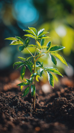 Elderberry with small fresh leaves, growing upright in fertile soil, sunlight filtering gently,...