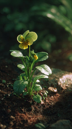 Pansy with small fresh leaves, growing upright in fertile soil, sunlight filtering gently, realistic textures, vibrant green tones, natural photography style, wide balanced compositionの写真素材