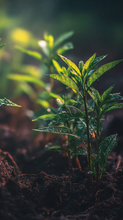 Henna with small fresh leaves, growing upright in fertile soil, sunlight filtering gently, realistic...