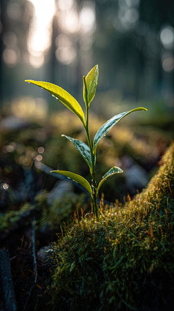 Photo of a young Green tea growing on moss at sunrise, symbolizing hope and new beginnings.