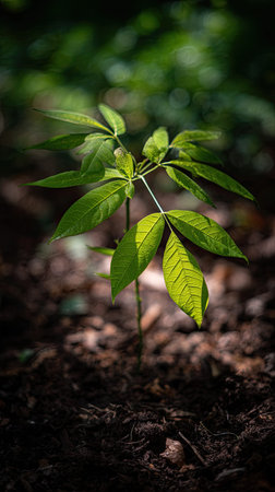 Shagbark hickory with small fresh leaves, growing upright in fertile soil, sunlight filtering...