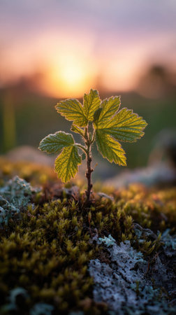 Photo of a young Currant growing on moss at sunrise, symbolizing hope and new beginnings.