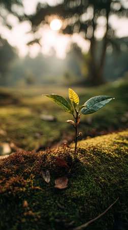 Photo of a young Coffee tree growing on moss at sunrise, symbolizing hope and new beginnings.