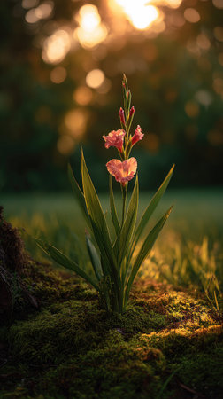 Photo of a young Gladiolus growing on moss at sunrise, symbolizing hope and new beginnings.