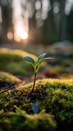 Photo of a young Chia growing on moss at sunrise, symbolizing hope and new beginnings.