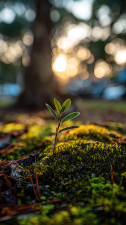Photo of a young Cuban mahogany growing on moss at sunrise, symbolizing hope and new beginnings.