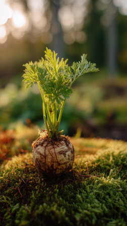 Photo of a young Celeriac growing on moss at sunrise, symbolizing hope and new beginnings.