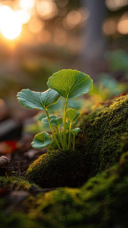 Photo of a young Daikon leaves growing on moss at sunrise, symbolizing hope and new beginnings.
