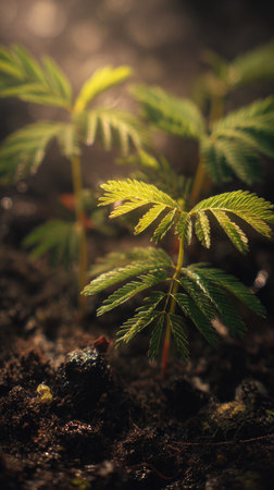 Water mimosa with small fresh leaves, growing upright in fertile soil, sunlight filtering gently,...