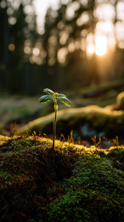 Photo of a young Ginseng growing on moss at sunrise, symbolizing hope and new beginnings.