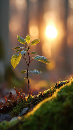 Photo of a young American elm growing on moss at sunrise, symbolizing hope and new beginnings.
