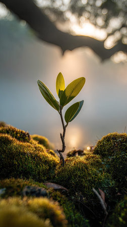 Photo of a young Banyan growing on moss at sunrise, symbolizing hope and new beginnings.