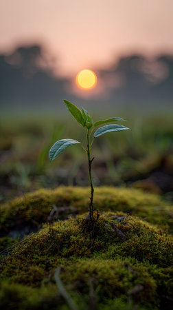 Photo of a young Lesser yam growing on moss at sunrise, symbolizing hope and new beginnings.の写真素材