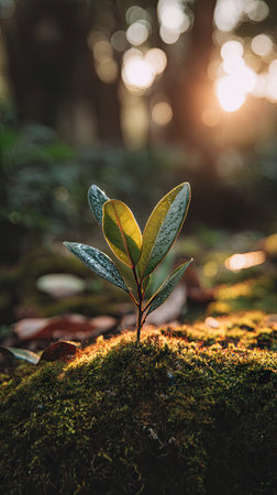 Photo of a young Rubber tree growing on moss at sunrise, symbolizing hope and new beginnings.