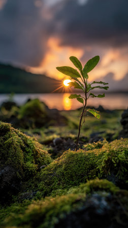 Photo of a young Kapok tree growing on moss at sunrise, symbolizing hope and new beginnings.の写真素材