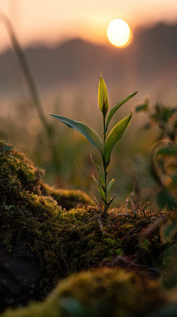 Photo of a young Little millet growing on moss at sunrise, symbolizing hope and new beginnings.
