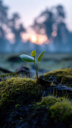 Photo of a young Paulownia growing on moss at sunrise, symbolizing hope and new beginnings.の写真素材