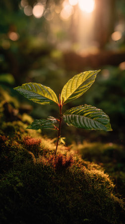 Photo of a young Kratom growing on moss at sunrise, symbolizing hope and new beginnings.