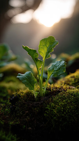 Photo of a young Mustard greens growing on moss at sunrise, symbolizing hope and new beginnings.