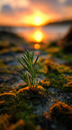 Photo of a young Samphire growing on moss at sunrise, symbolizing hope and new beginnings.の写真素材