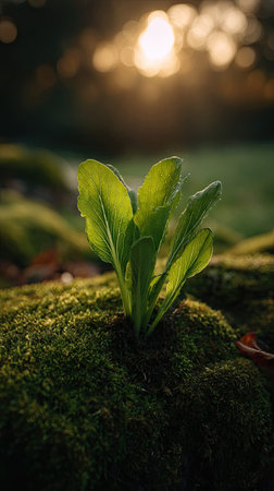 Photo of a young Pak choi sum growing on moss at sunrise, symbolizing hope and new beginnings.