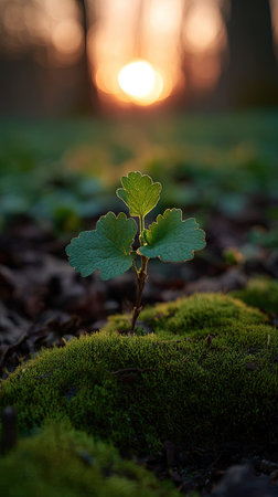 Photo of a young Jute mallow growing on moss at sunrise, symbolizing hope and new beginnings.
