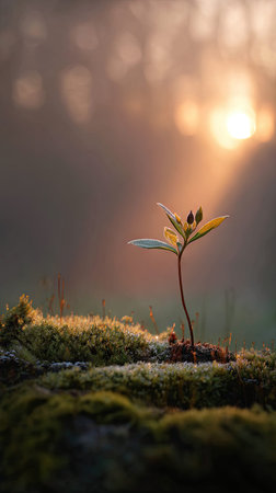 Photo of a young Jasmine growing on moss at sunrise, symbolizing hope and new beginnings.の写真素材