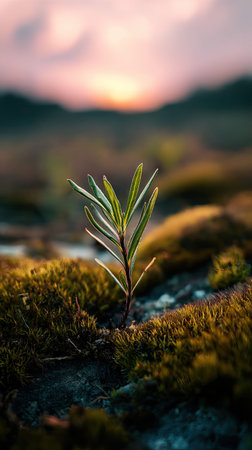 Photo of a young Rooibos growing on moss at sunrise, symbolizing hope and new beginnings.