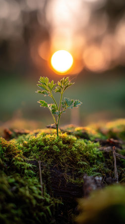 Photo of a young Parsley growing on moss at sunrise, symbolizing hope and new beginnings.
