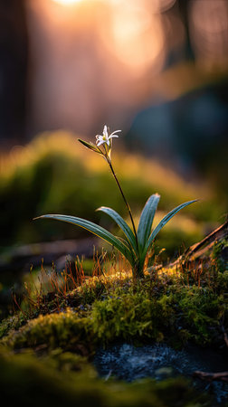 Photo of a young Spider lily growing on moss at sunrise, symbolizing hope and new beginnings.