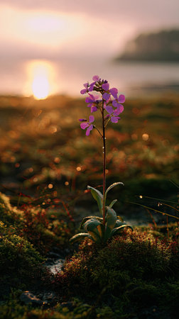 Beautiful wild flower on the background of the sea and the sunsetの写真素材