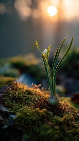 Photo of a young Onion growing on moss at sunrise, symbolizing hope and new beginnings.