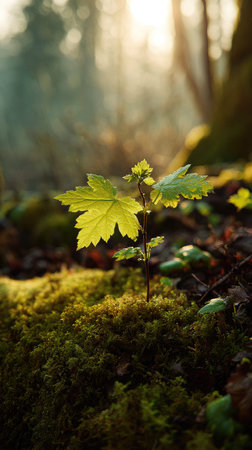 Photo of a young Silver maple growing on moss at sunrise, symbolizing hope and new beginnings.