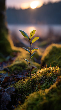 Photo of a young Lime tree growing on moss at sunrise, symbolizing hope and new beginnings.