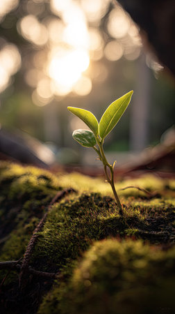Photo of a young plant growing on moss at sunrise, symbolizing hope and new beginnings.